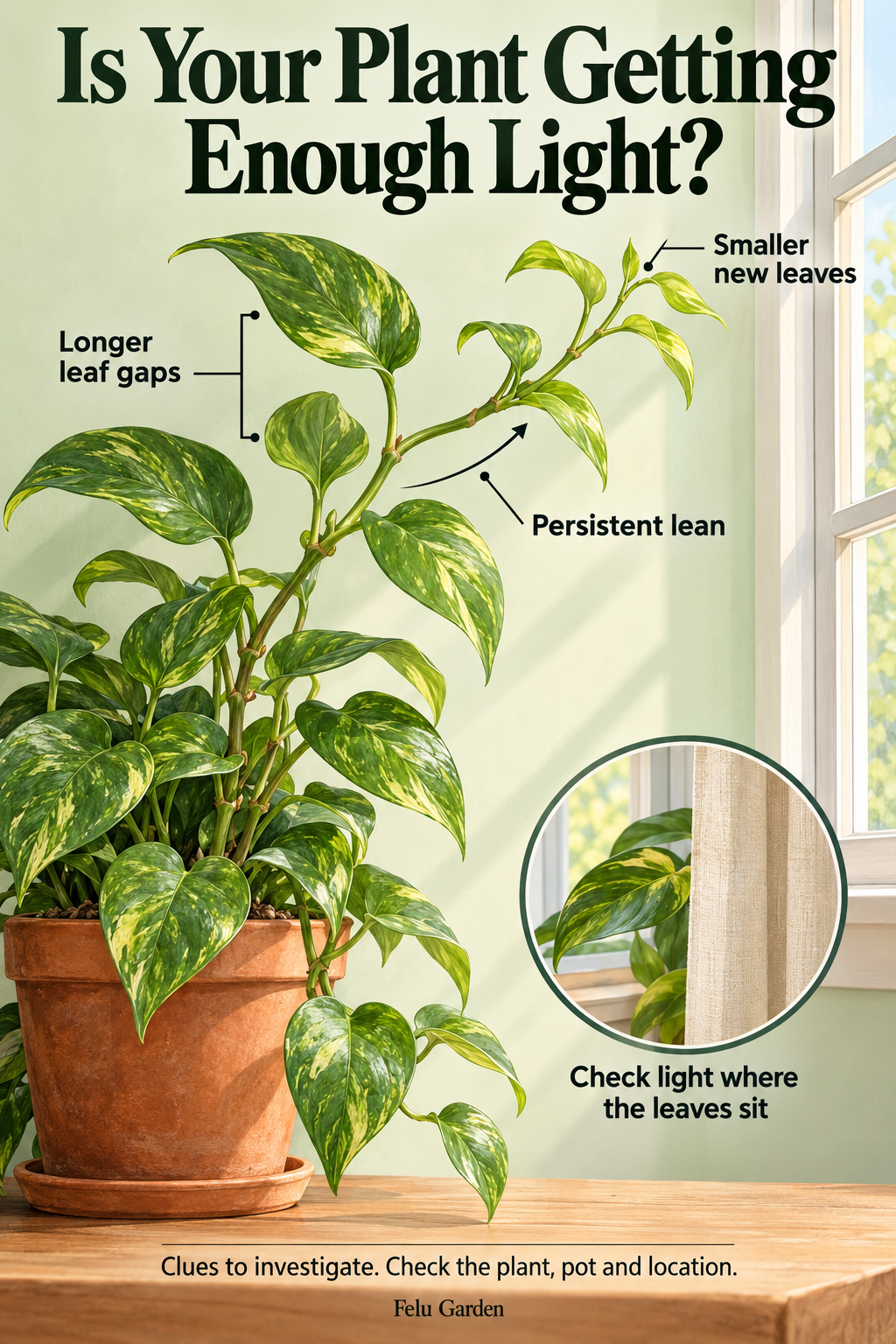 Botanical illustration of a pothos by a window, with labels for longer leaf gaps, smaller new leaves and a persistent lean.