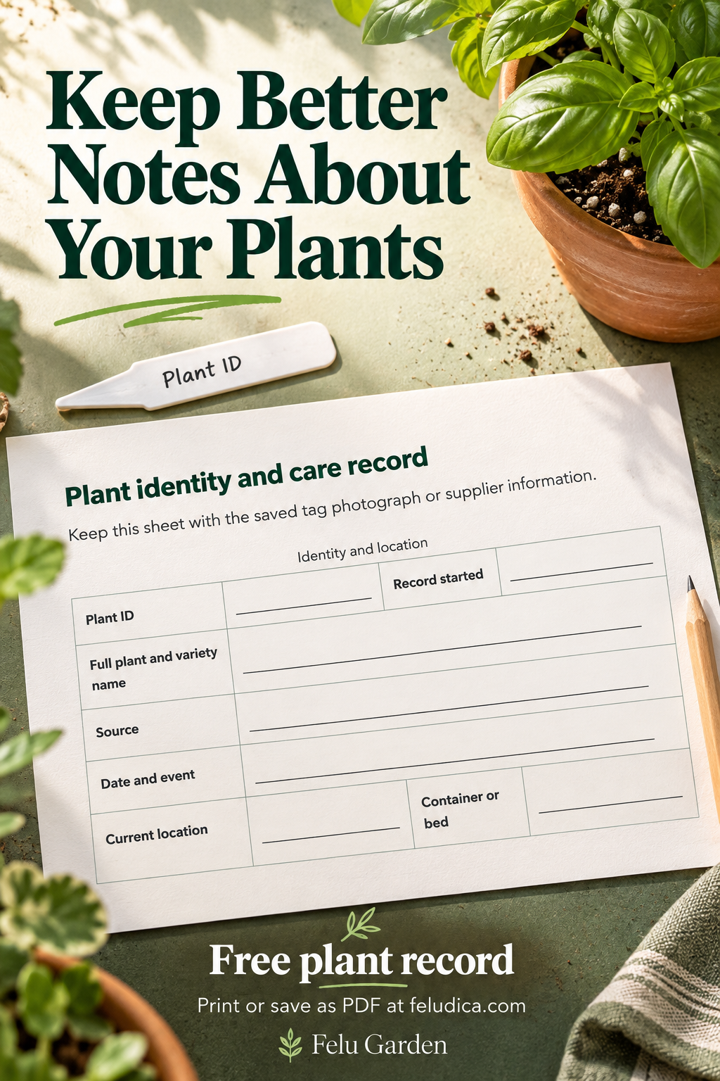 A potted herb beside a blank plant record sheet with spaces for identity, location and dated observations.
