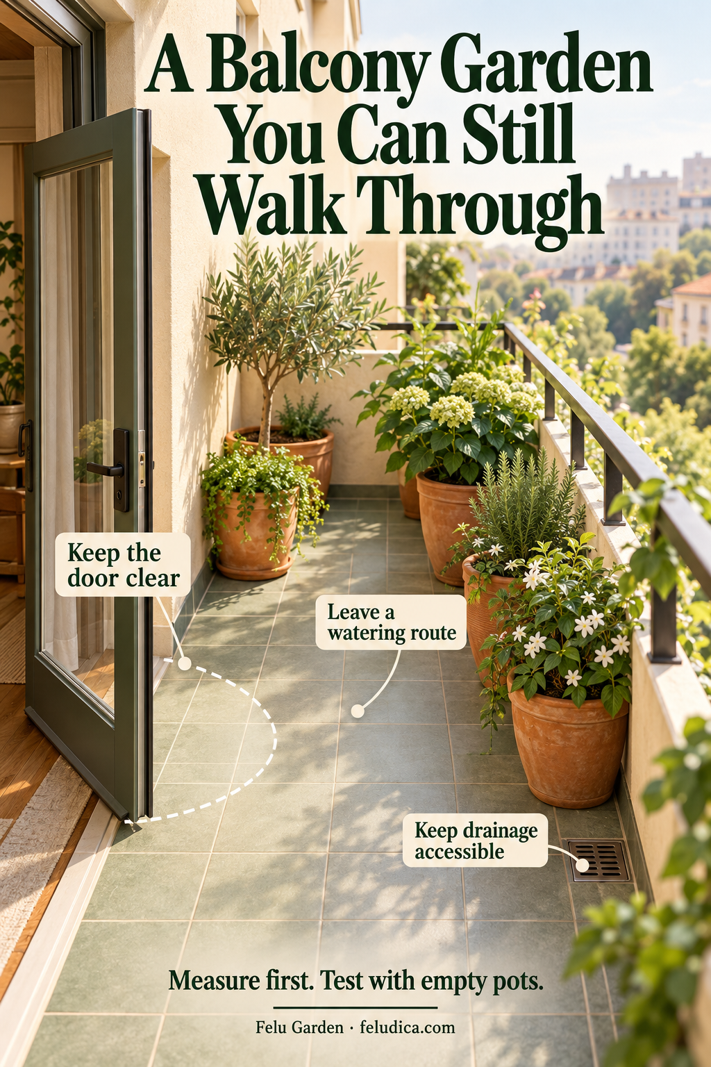 An illustrated apartment balcony with floor pots kept clear of an opening door, a walking route and an accessible drain.