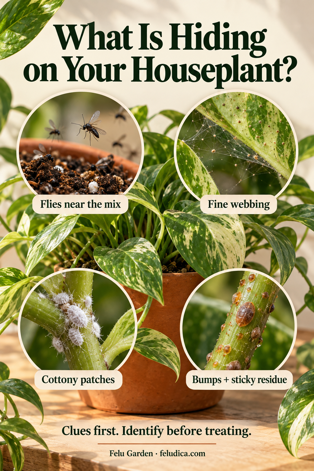 Four botanical close-ups showing flies near potting mix, fine webbing, cottony insect patches and scale-like bumps.