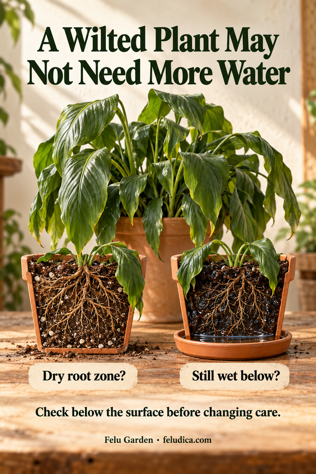 Two illustrated wilted plants above cutaway pots comparing a dry root zone with wet potting mix and collected water.