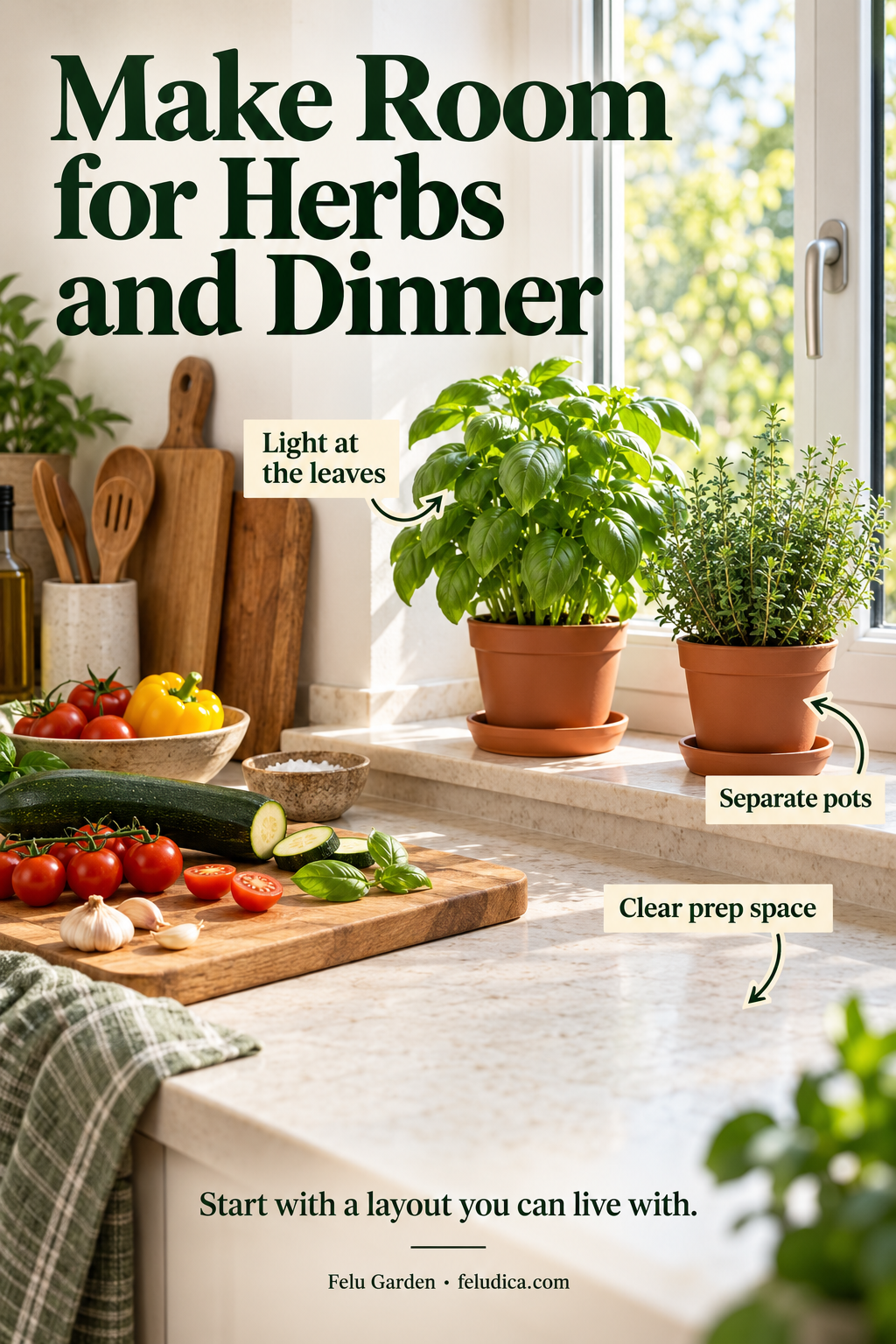 Two herb pots on a bright windowsill above a clear food preparation area, with labels for light, separate pots and prep space.