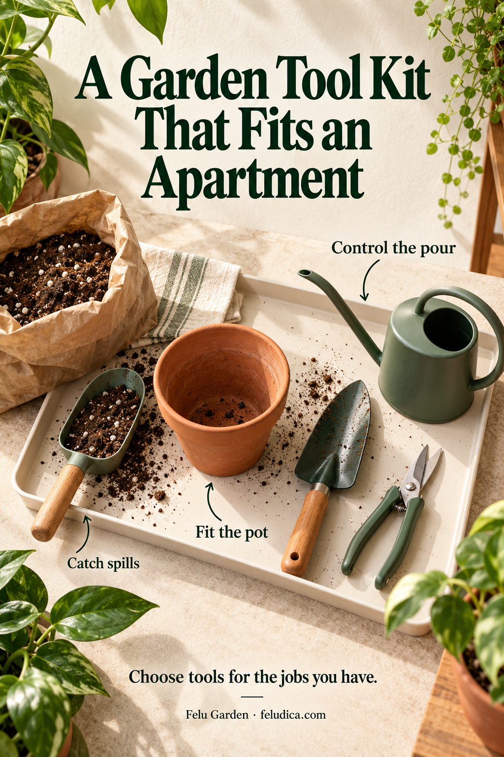 A compact apartment repotting tray with a small pot, narrow trowel, scoop, snips and a controlled-spout watering can.
