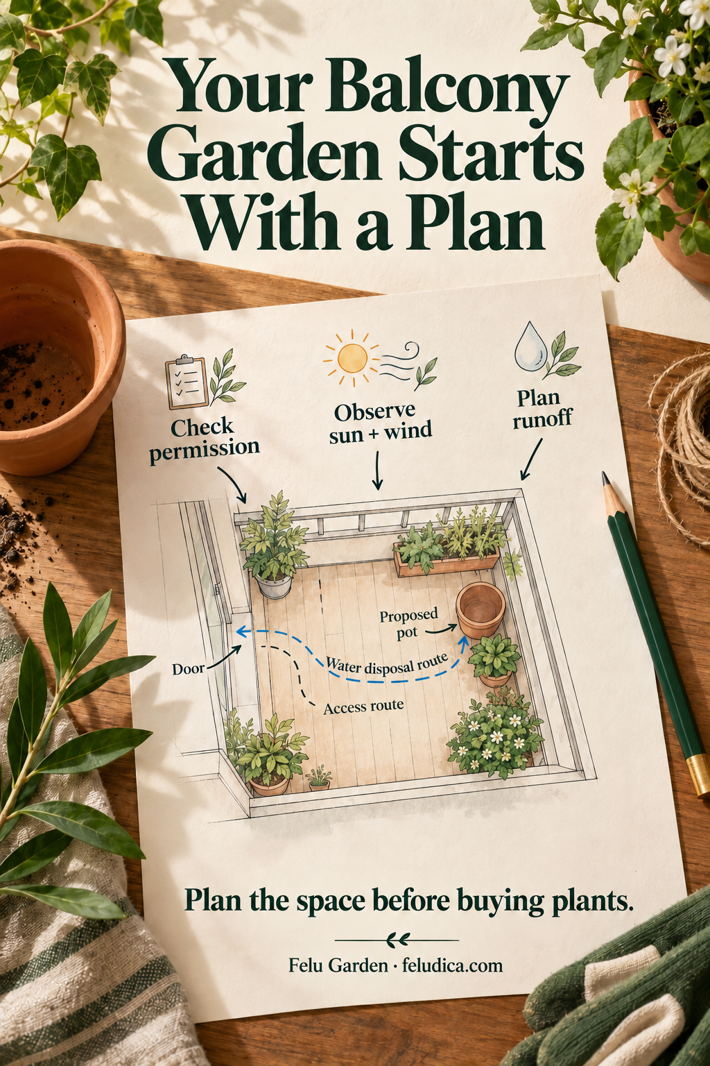 A tabletop planning sheet with an illustrative balcony sketch marking the door, access route, proposed pot and water disposal route.