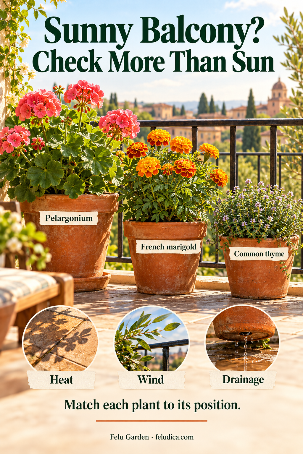 Pelargonium, French marigold and common thyme in separate terracotta pots on a sunny balcony, with labels for heat, wind and drainage.