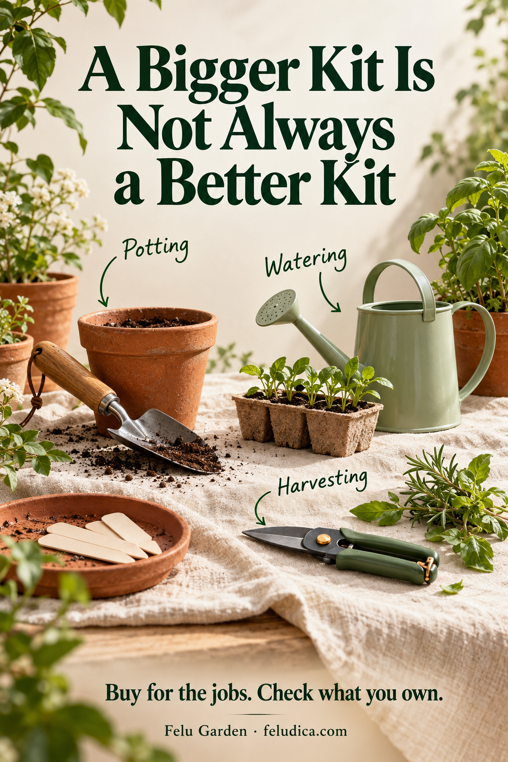 A small gardening kit grouped by potting, watering and harvesting jobs, with a trowel, controlled watering can and closed snips.