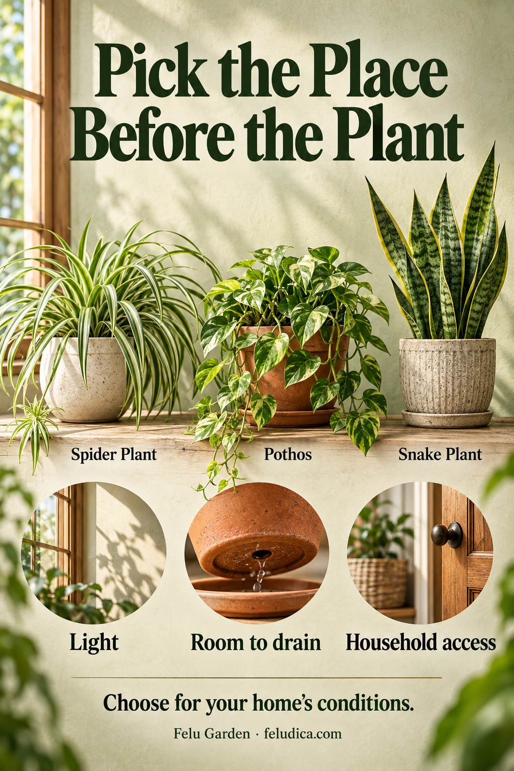 Three labeled botanical specimens—spider plant, pothos and snake plant—with a checklist for light, drainage and household access.