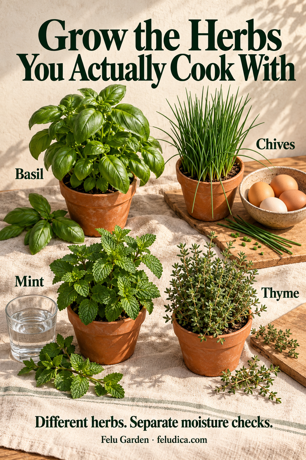Separate labeled pots of basil, chives, mint and thyme alongside modest culinary sprigs on an ivory tabletop.