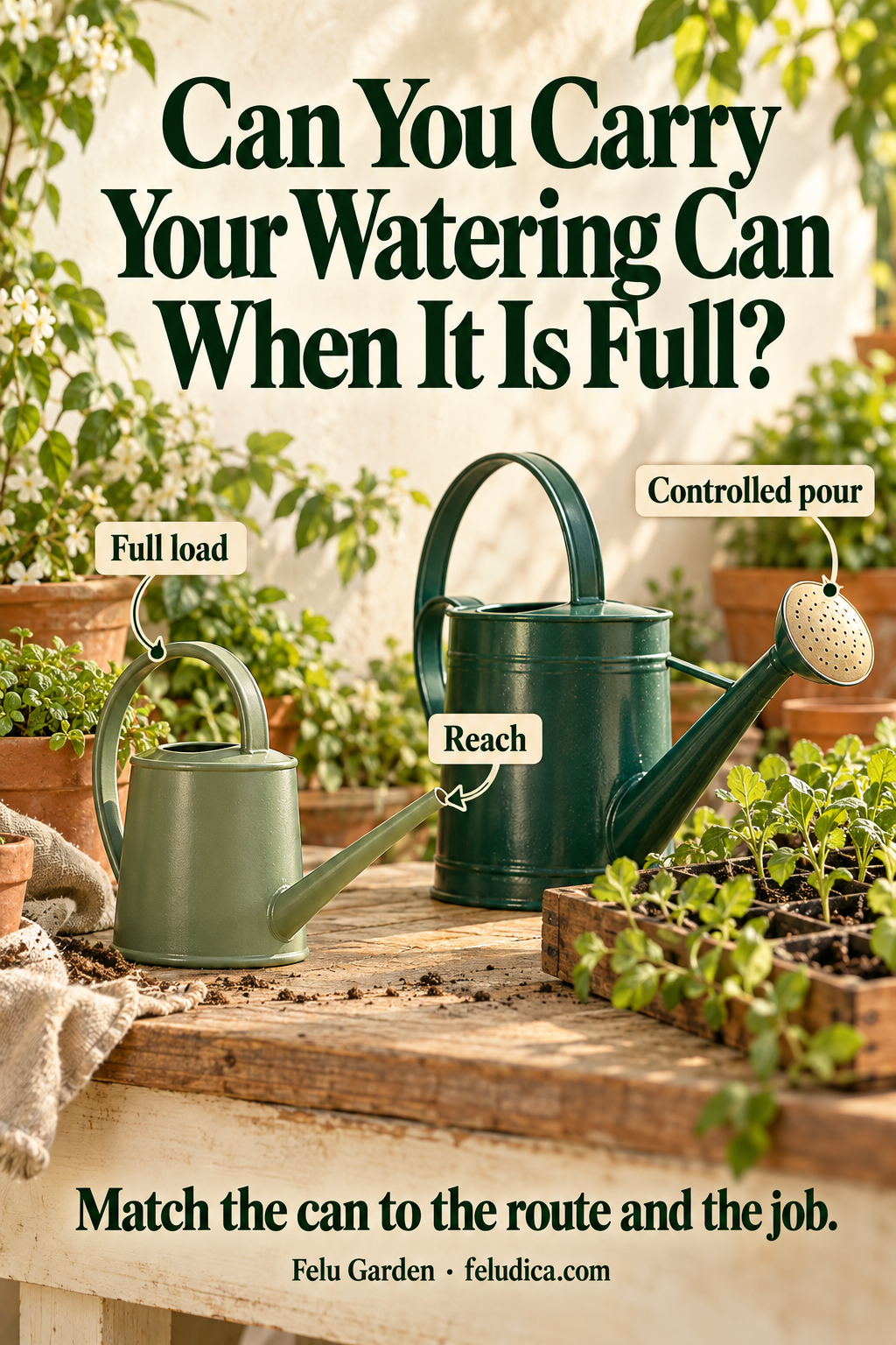 Two watering cans with different outlets beside a potted plant and a seedling tray, labeled for load, reach and pour.