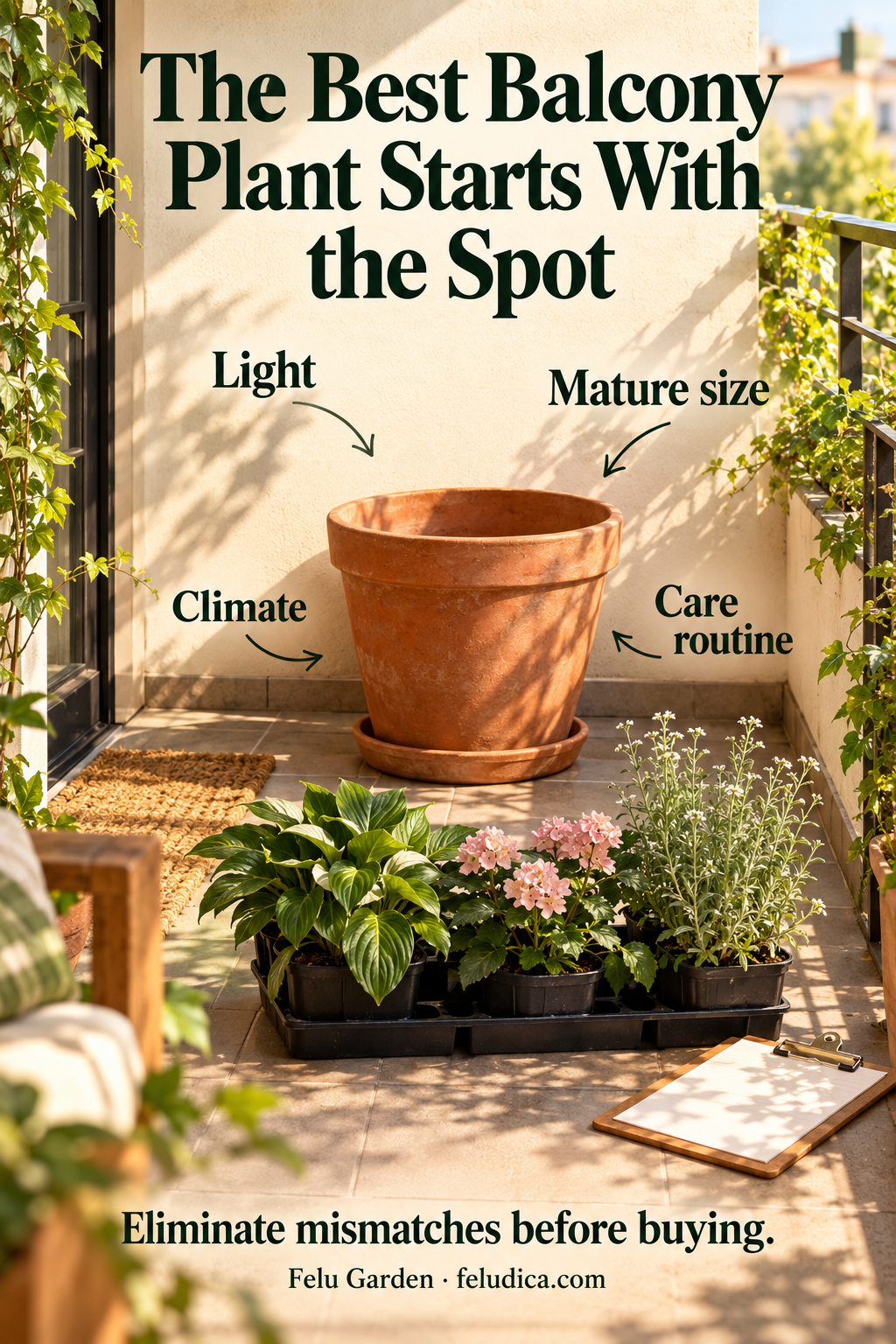 An empty balcony pot and a shortlist of plants beside a clipboard, with labels for light, mature size, climate and care routine.