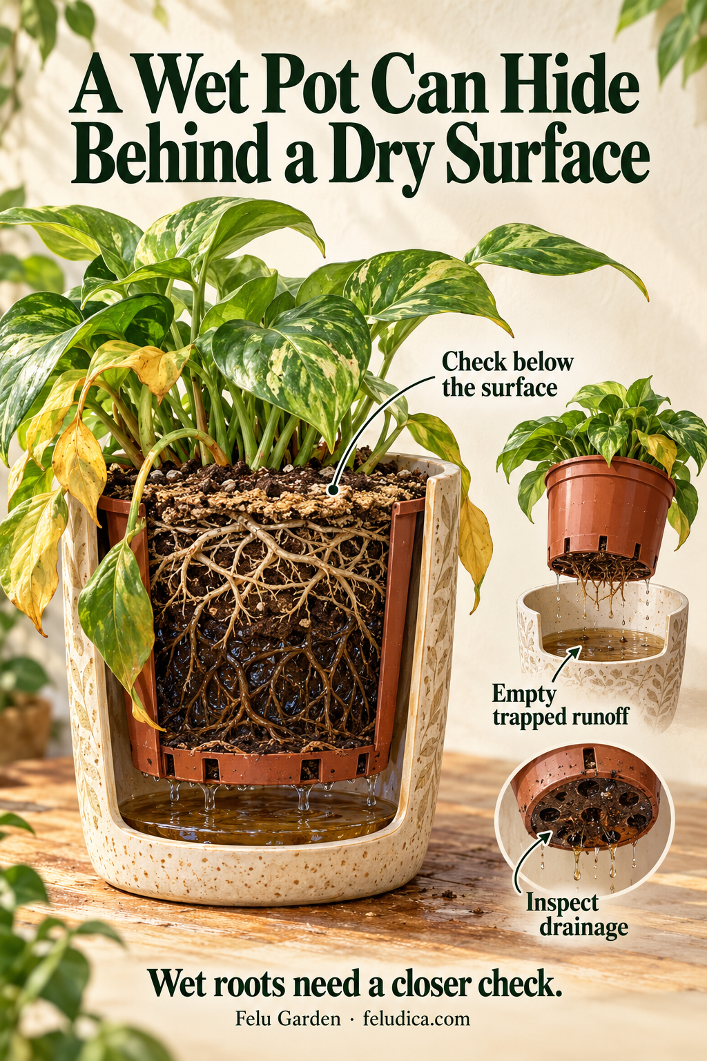 Cutaway of a leafy plant pot showing a dry-looking surface, damp lower mix and trapped runoff in a decorative outer cover.