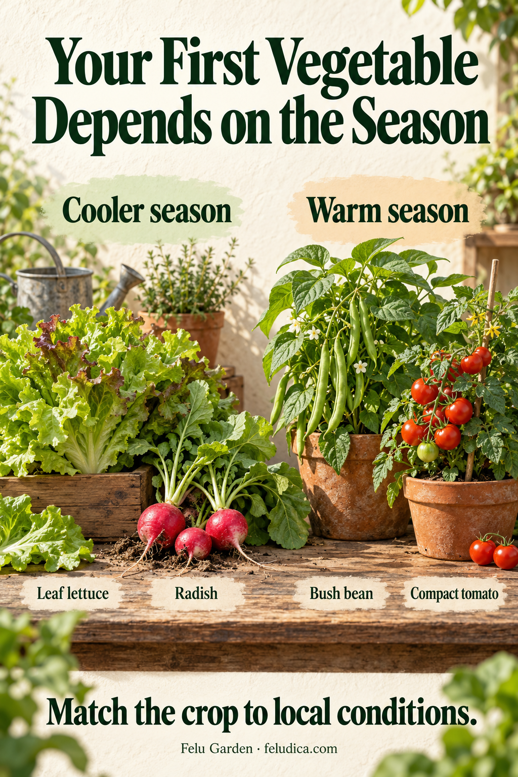 A botanical comparison of lettuce and radish for a cooler season, and bush bean and compact tomato for a warm season.