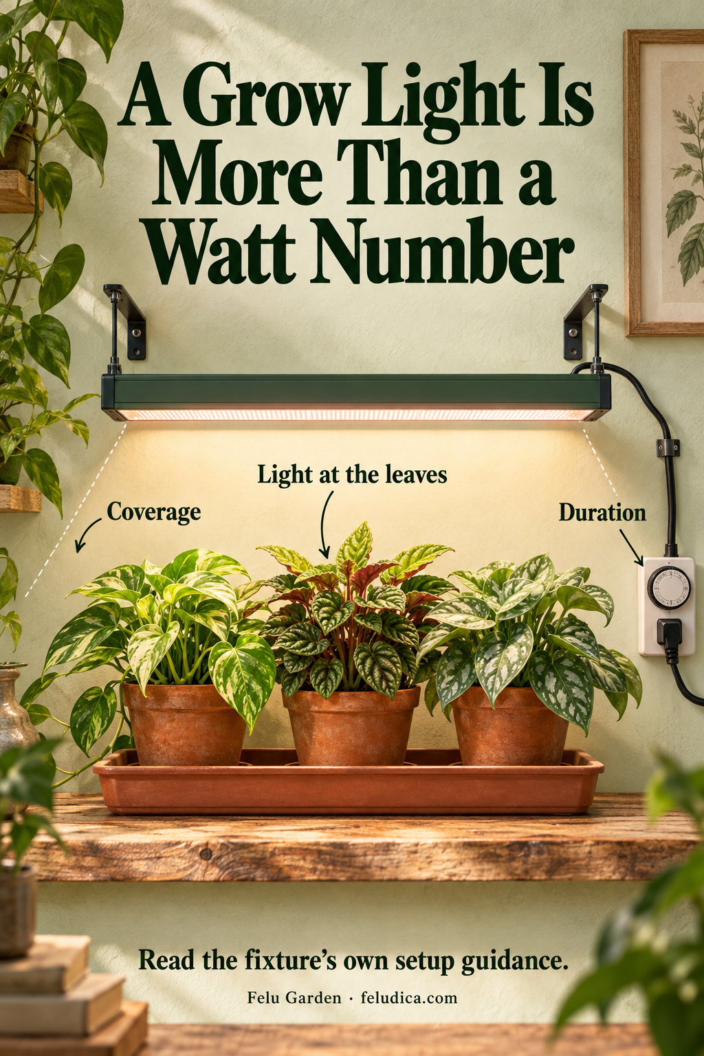 A securely mounted grow-light bar above potted plants with annotations for light at the leaves, coverage and duration.