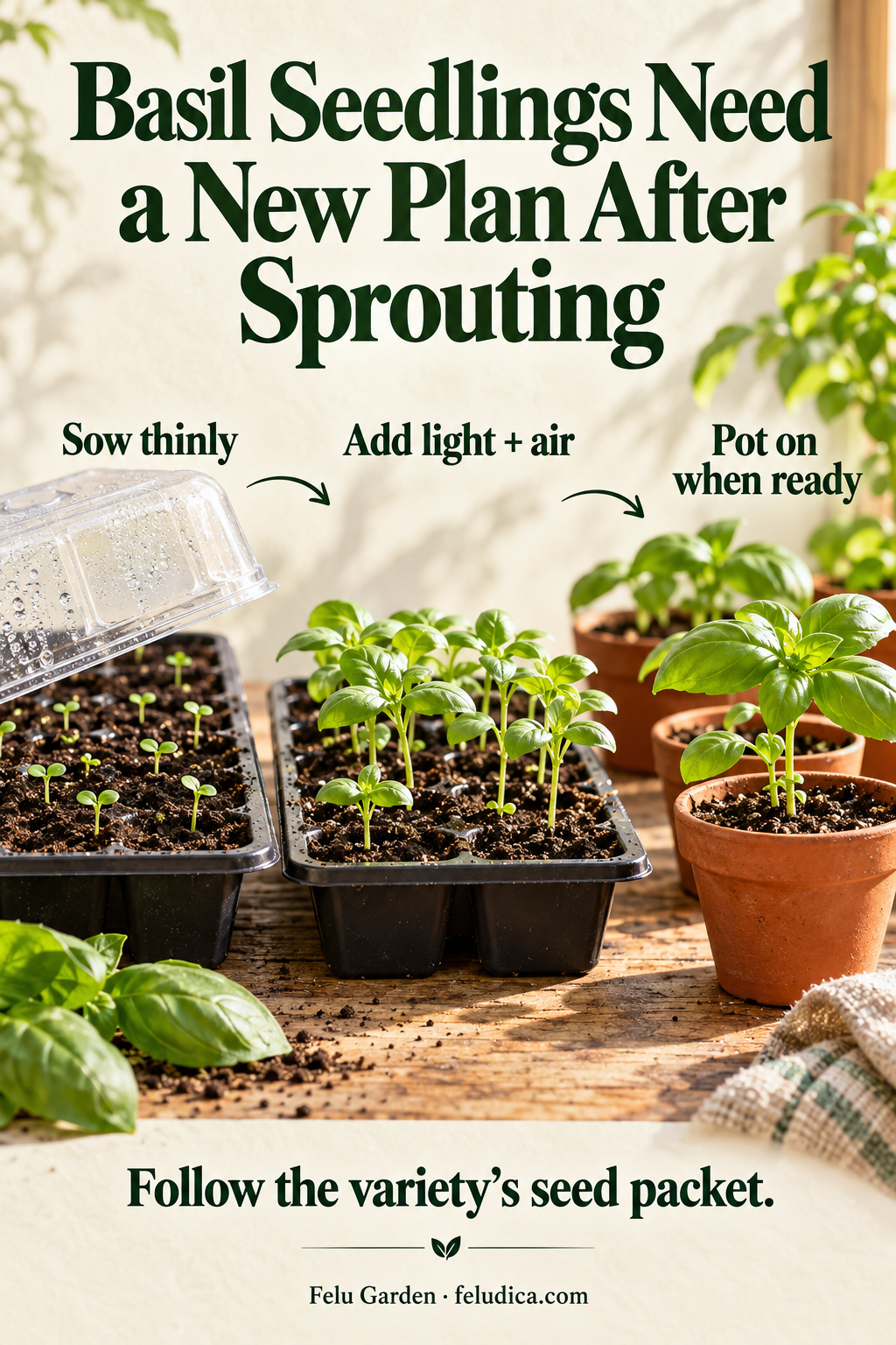Three illustrated basil stages: thinly sown tray, emerged seedlings with light and air, and young plants in individual pots.