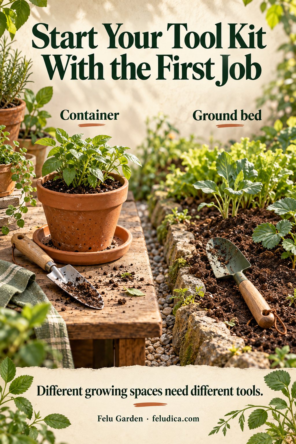 A container planting setup with a trowel and catch tray beside a ground-bed setup with a digging tool.