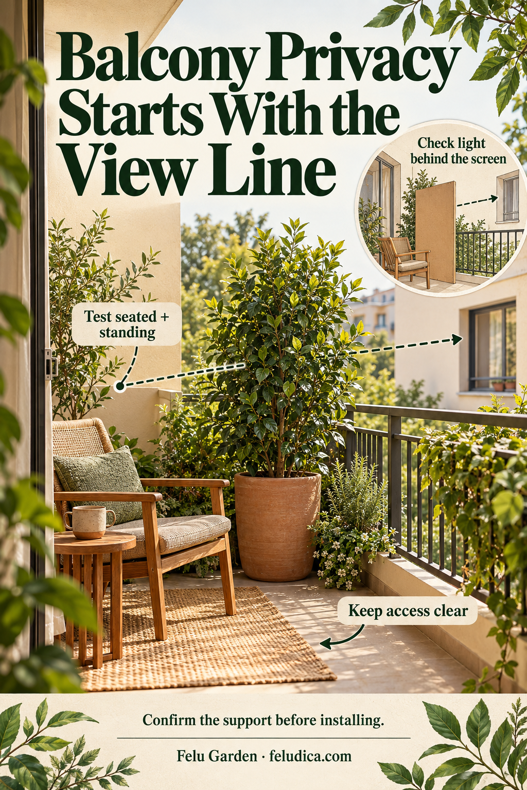 An illustrative balcony chair sight line interrupted by a leafy floor plant, with a small cardboard-screen test sketch.