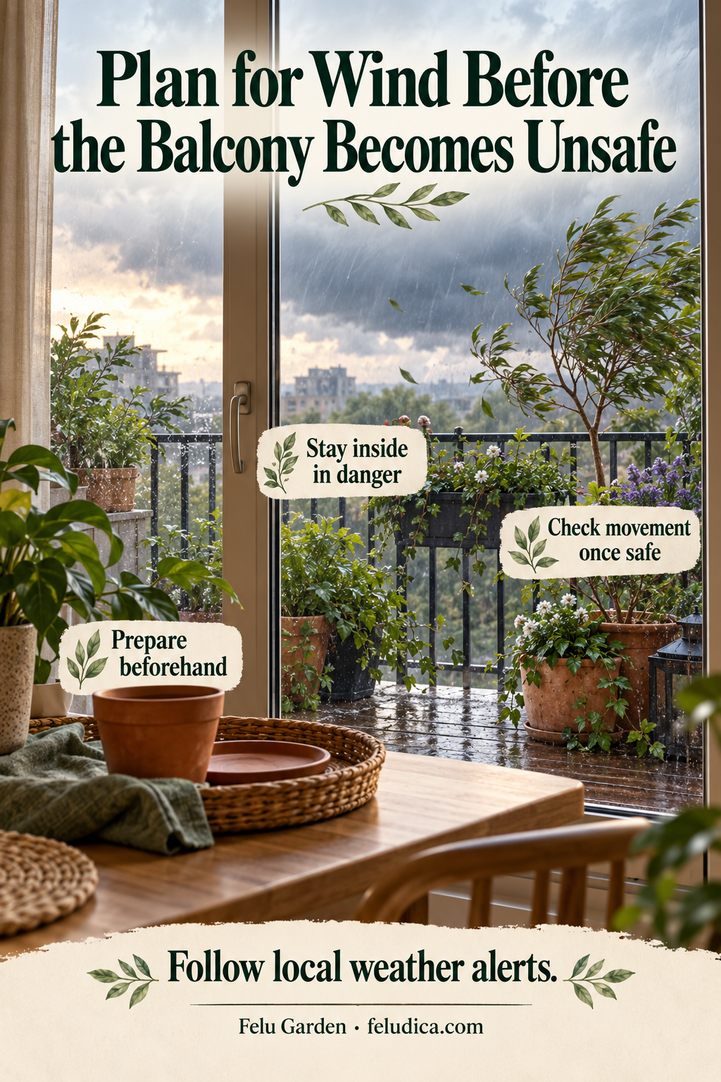 A closed balcony door viewed from indoors, windblown foliage outside and a small pot and tray stored inside.