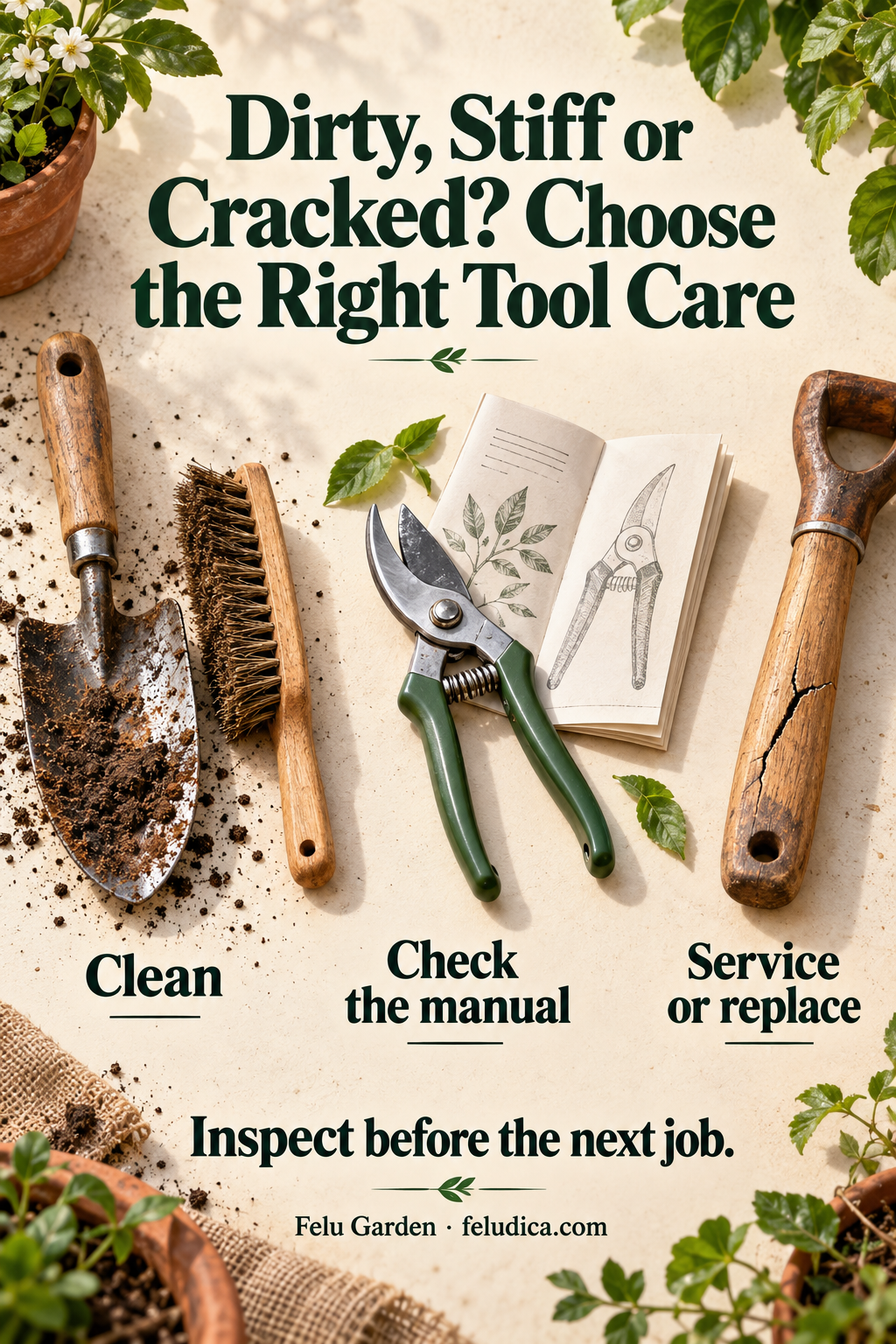 Three gardening-tool examples showing a muddy trowel for cleaning, a pruner with its manual and a cracked handle set aside.