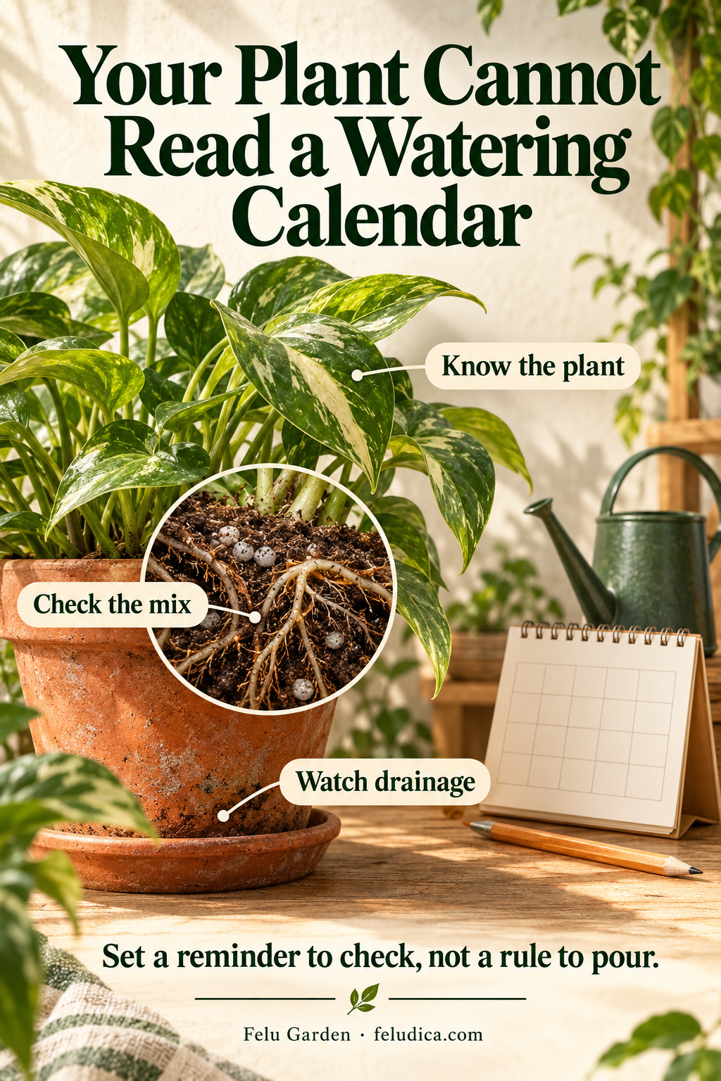 A leafy houseplant beside a blank calendar and watering can, with a cutaway showing moisture below the surface.
