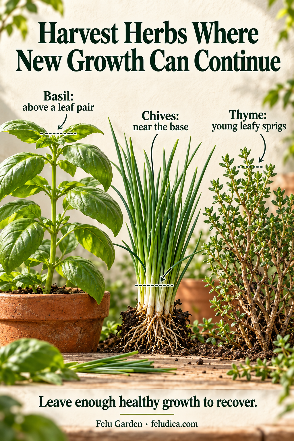 Botanical drawings showing a basil cut above a leaf pair, chives cut near the base and young leafy thyme sprigs.