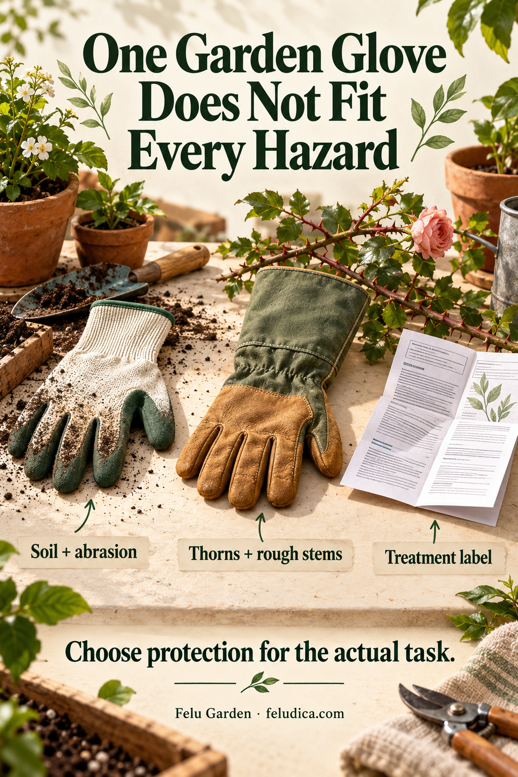 Gardening gloves and task materials compared for soil handling, thorny stems and treatment-label requirements.