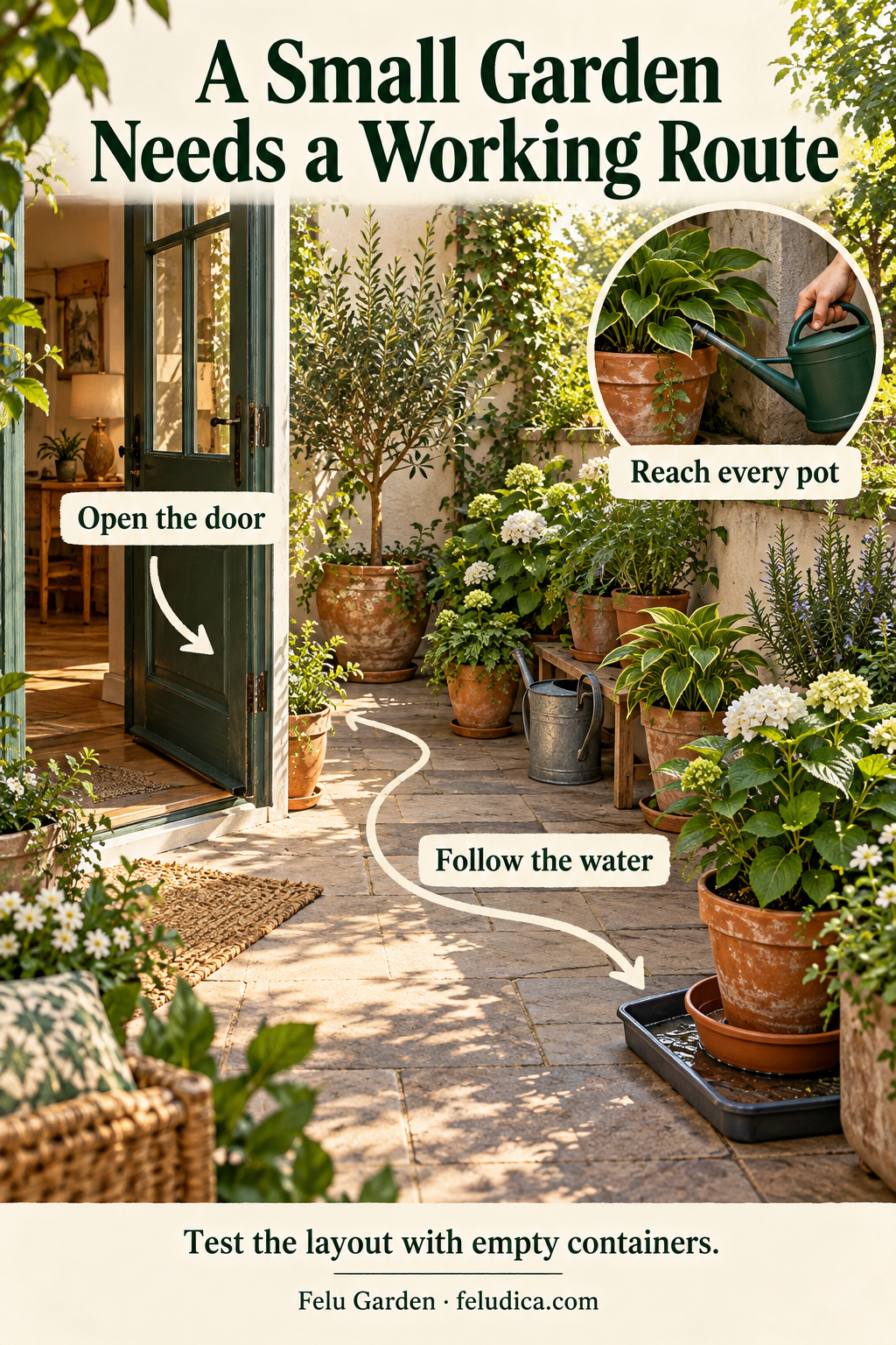 An illustrative small patio plan with floor pots, an opening door, a clear watering route and runoff saucers, plus an inset hand watering a pot.