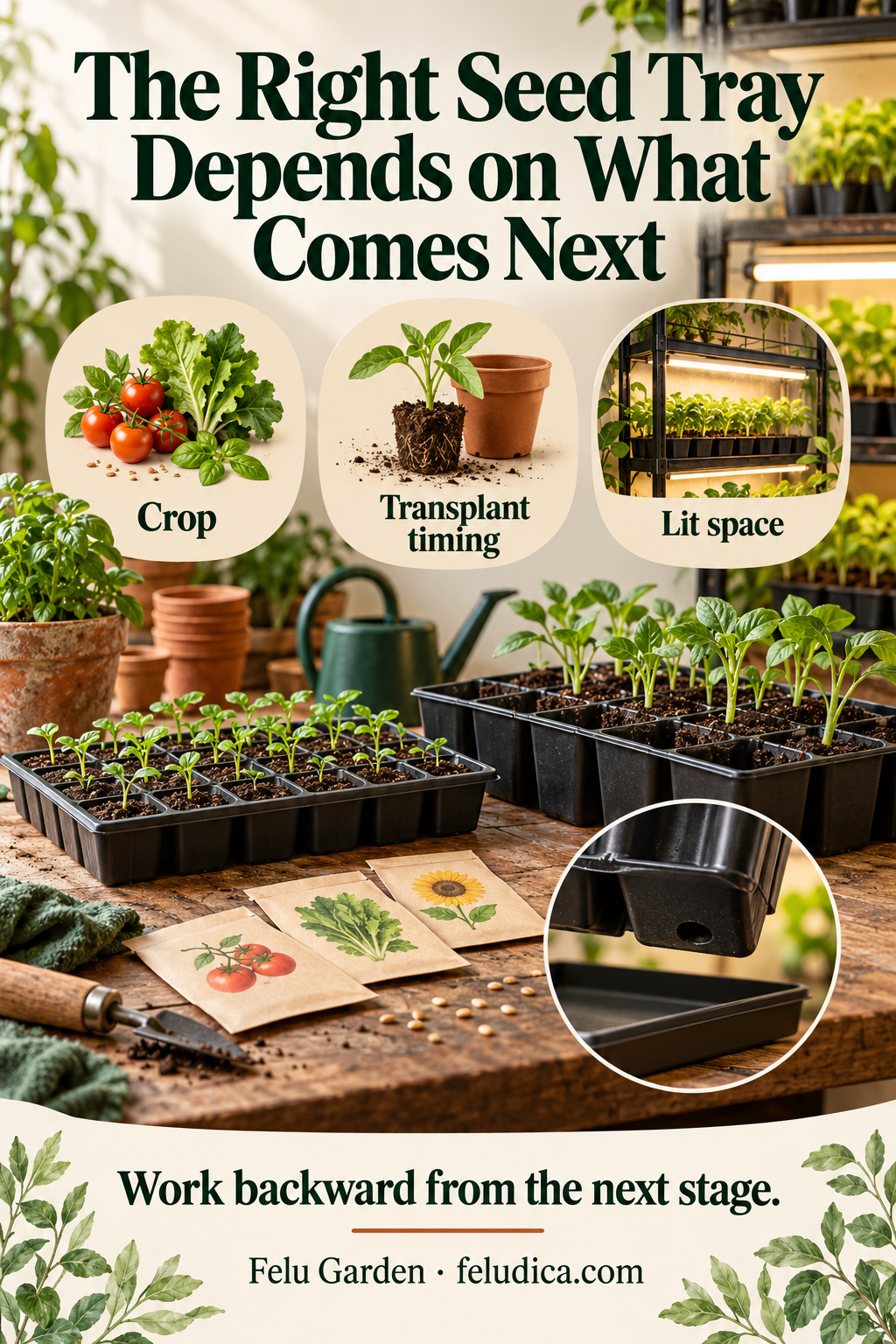 Seed trays with different cell depths, small intermediate pots and a separate catch tray, labeled for crop, timing and lit space.