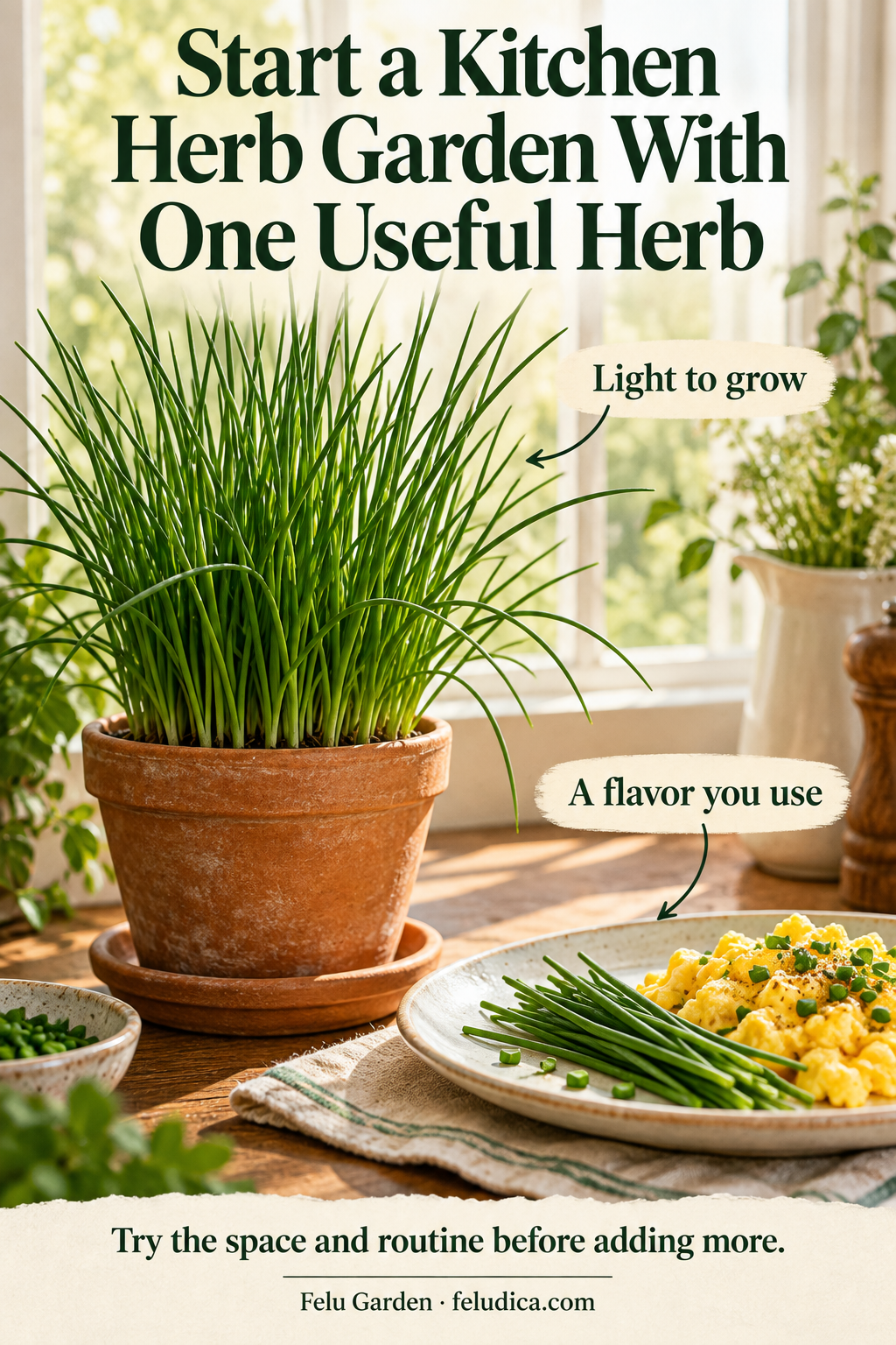 A healthy chive pot at a bright kitchen window with a removable saucer and a modest serving of eggs garnished with chives.