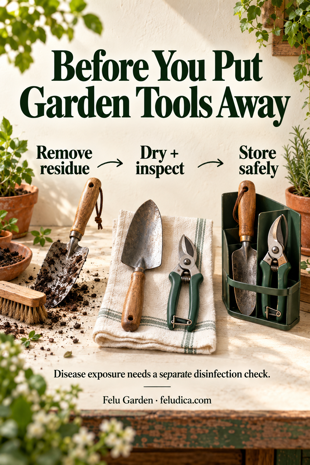 A gardening-tool care sequence showing residue removal, drying and inspection, and dry tools stored with cutting edges closed.