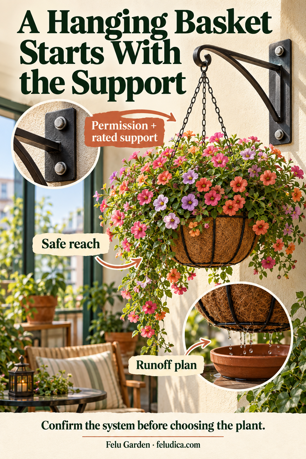 A flowering hanging basket inside a balcony with a visible wall bracket and labels for rated support, safe reach and runoff.
