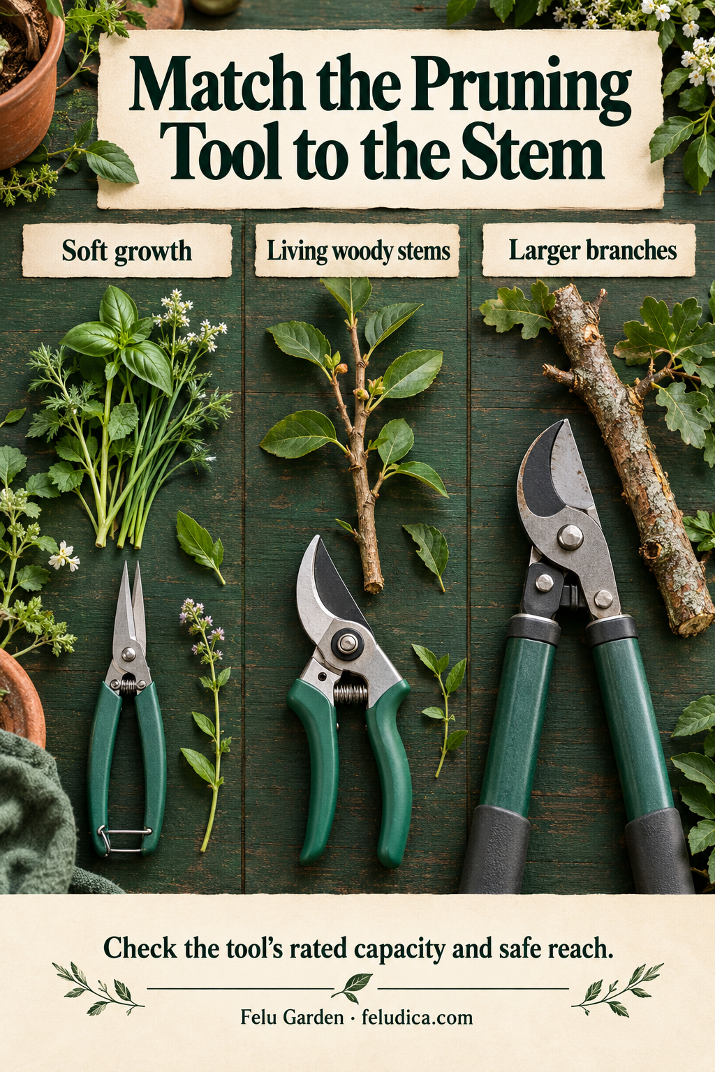 Garden snips, a bypass hand pruner and loppers arranged with soft herb growth and different woody stems.