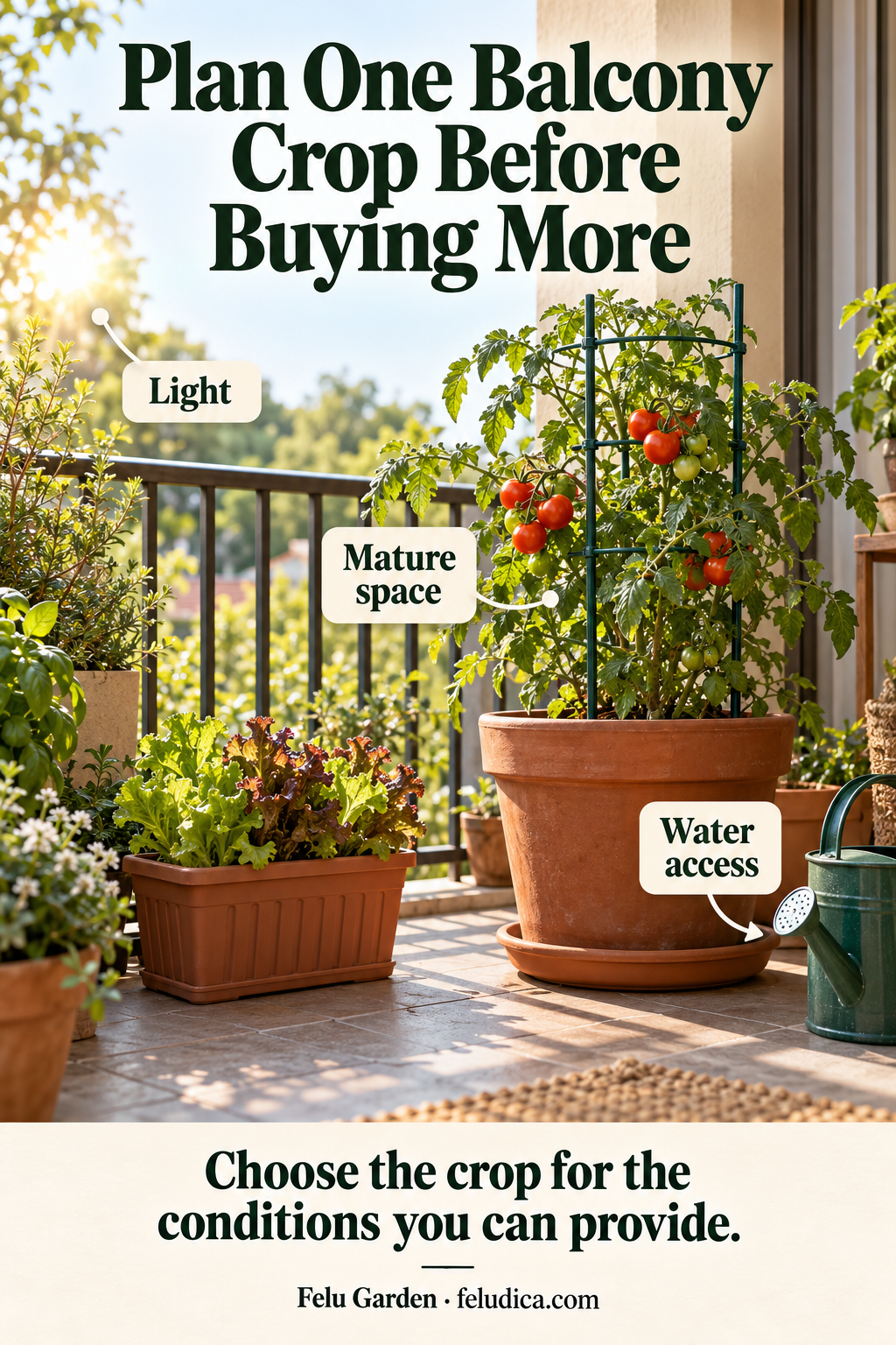 A balcony comparison of leaf lettuce and a compact supported tomato in draining containers, with light, space and water-access labels.