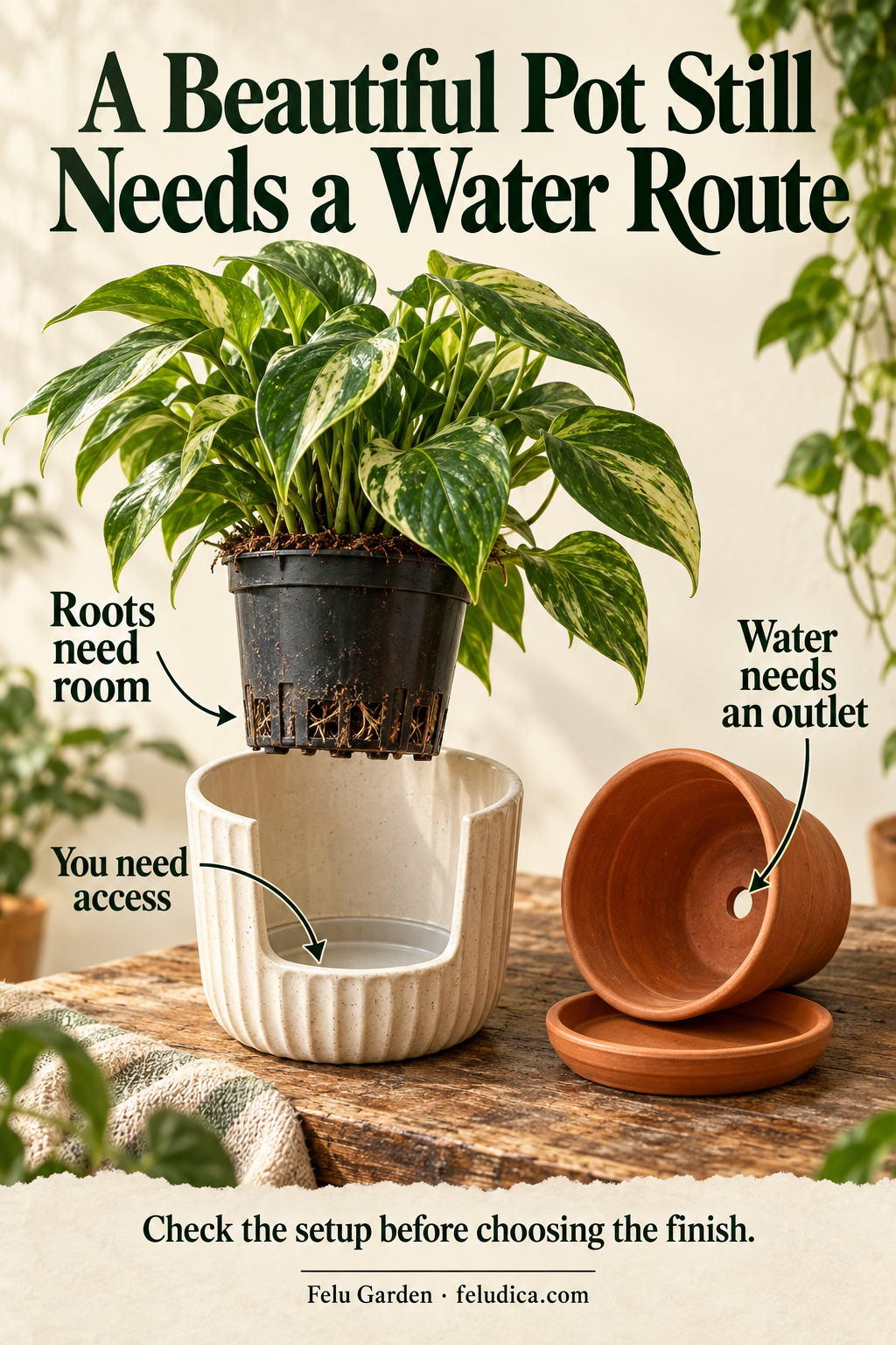 An exploded view of a removable nursery pot above a ceramic decorative cover, with a separate draining pot and saucer.