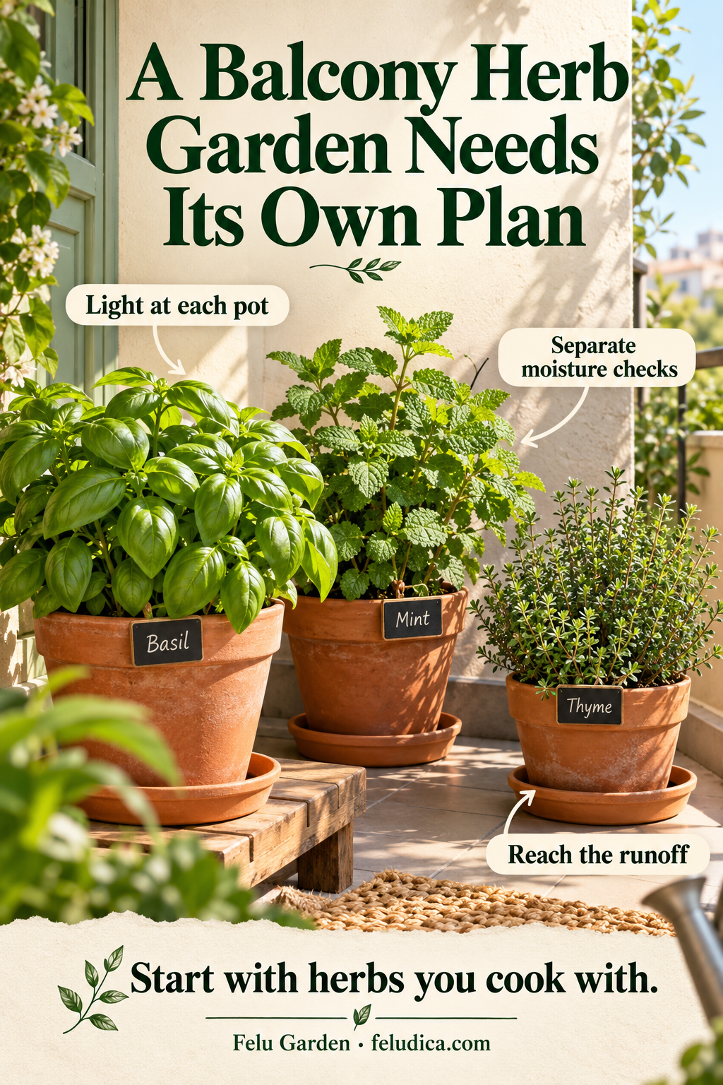 Basil, mint and thyme in separate balcony pots with saucers and annotations for light, moisture checks and reachable runoff.