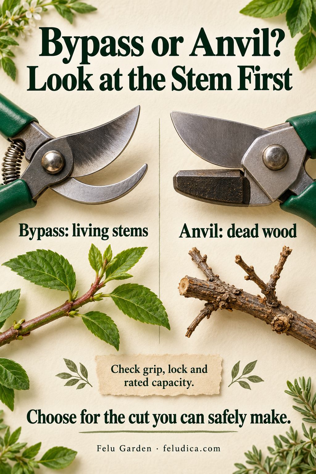 A bypass pruner beside a living twig and an anvil pruner beside dead wood, showing their different blade actions.