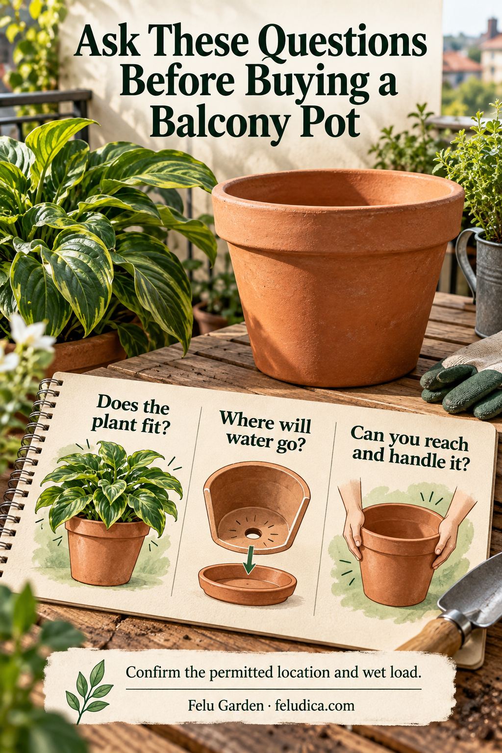 A balcony pot shopping checklist beside a cutaway of a drain outlet and saucer, with a drawing of hands lifting a container.