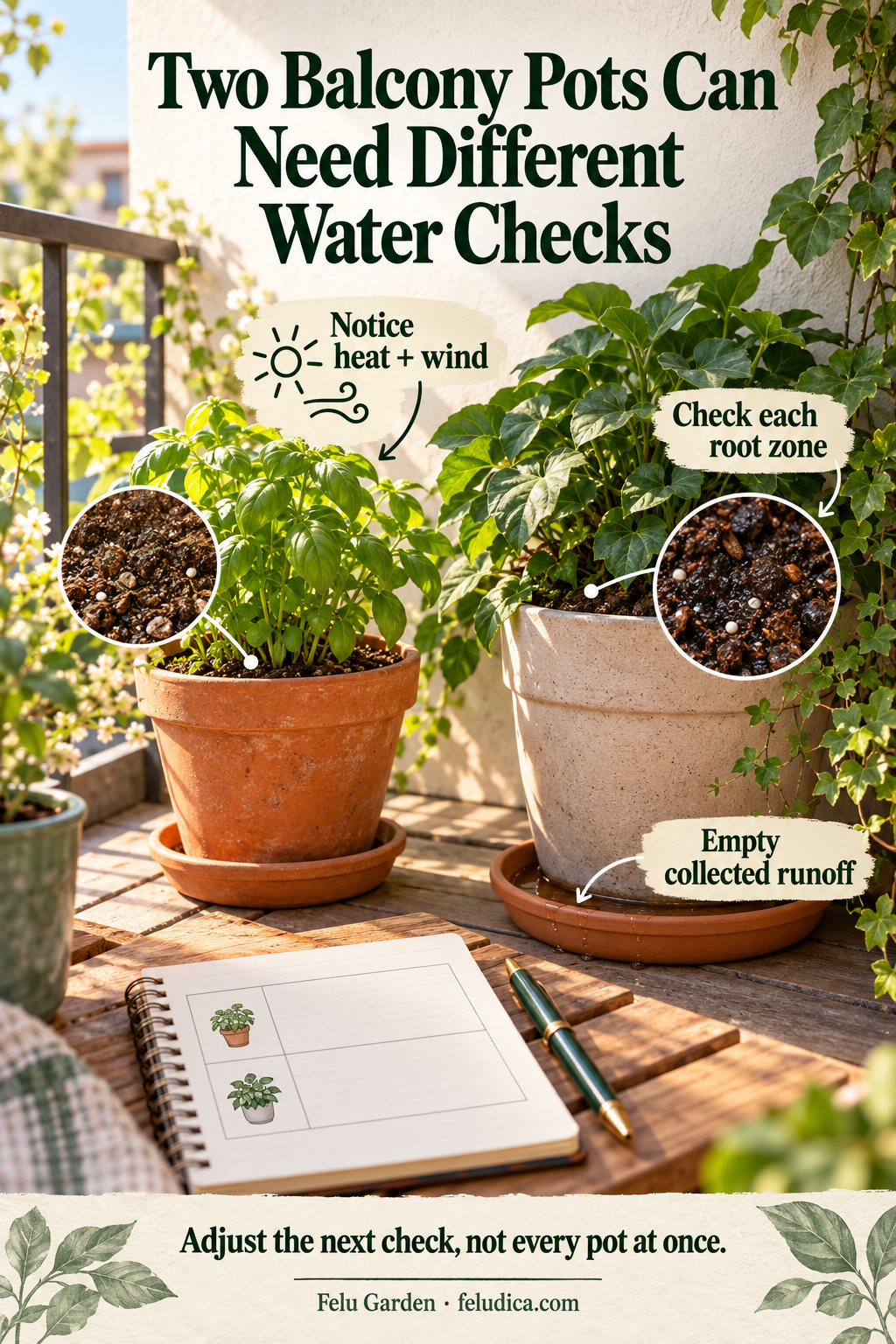 A small sunlit herb pot and a larger sheltered planter with individual saucers and labels for root-zone checks, heat, wind and runoff.