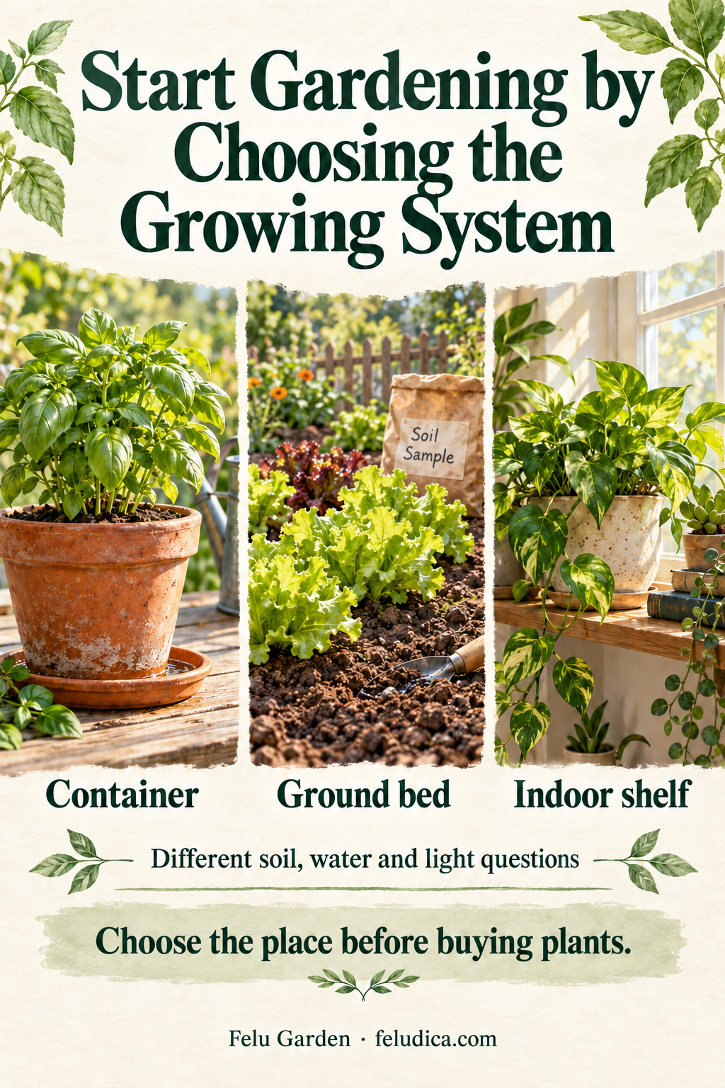 Three gardening settings compared: a herb container with drainage, a small ground bed and a plant on an indoor shelf.