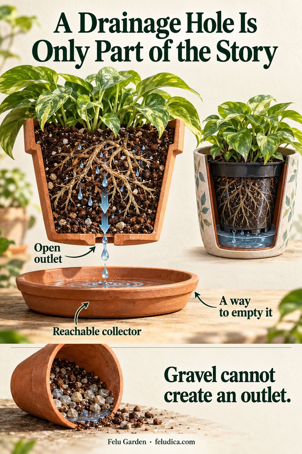 A pot drainage diagram showing an open outlet above a removable saucer, alongside water trapped in a sealed outer cover.