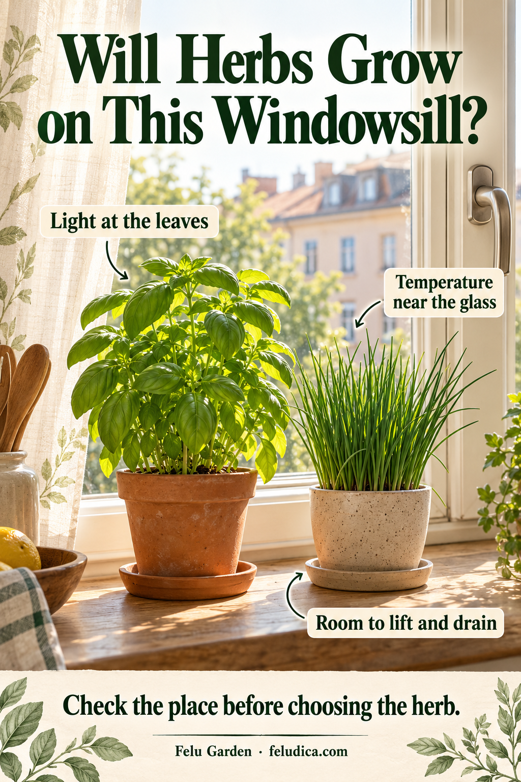 Basil and chive pots on a stable windowsill with separate saucers and annotations for light, temperature and drainage access.