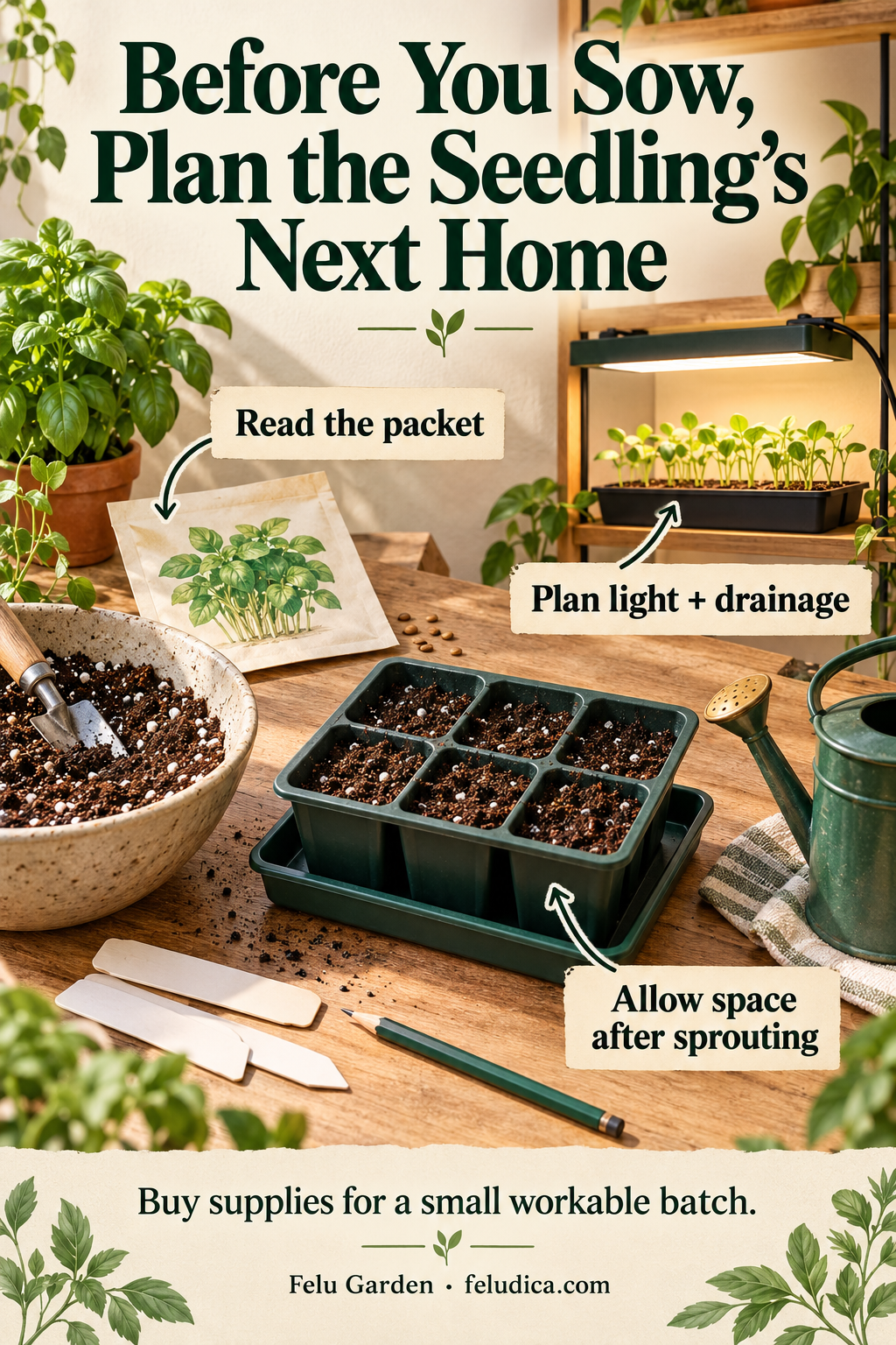 A small seed-starting setup with tray, seed packet, mix, labels, catch tray and a safely mounted light shown in a secondary view.