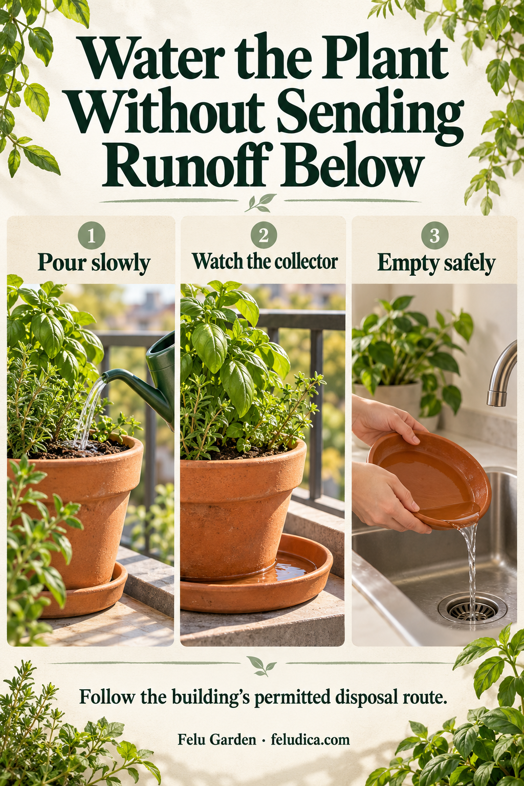 Three photographic panels show a slow pour into a balcony pot, runoff caught in a saucer and hands emptying the saucer into an indoor sink.