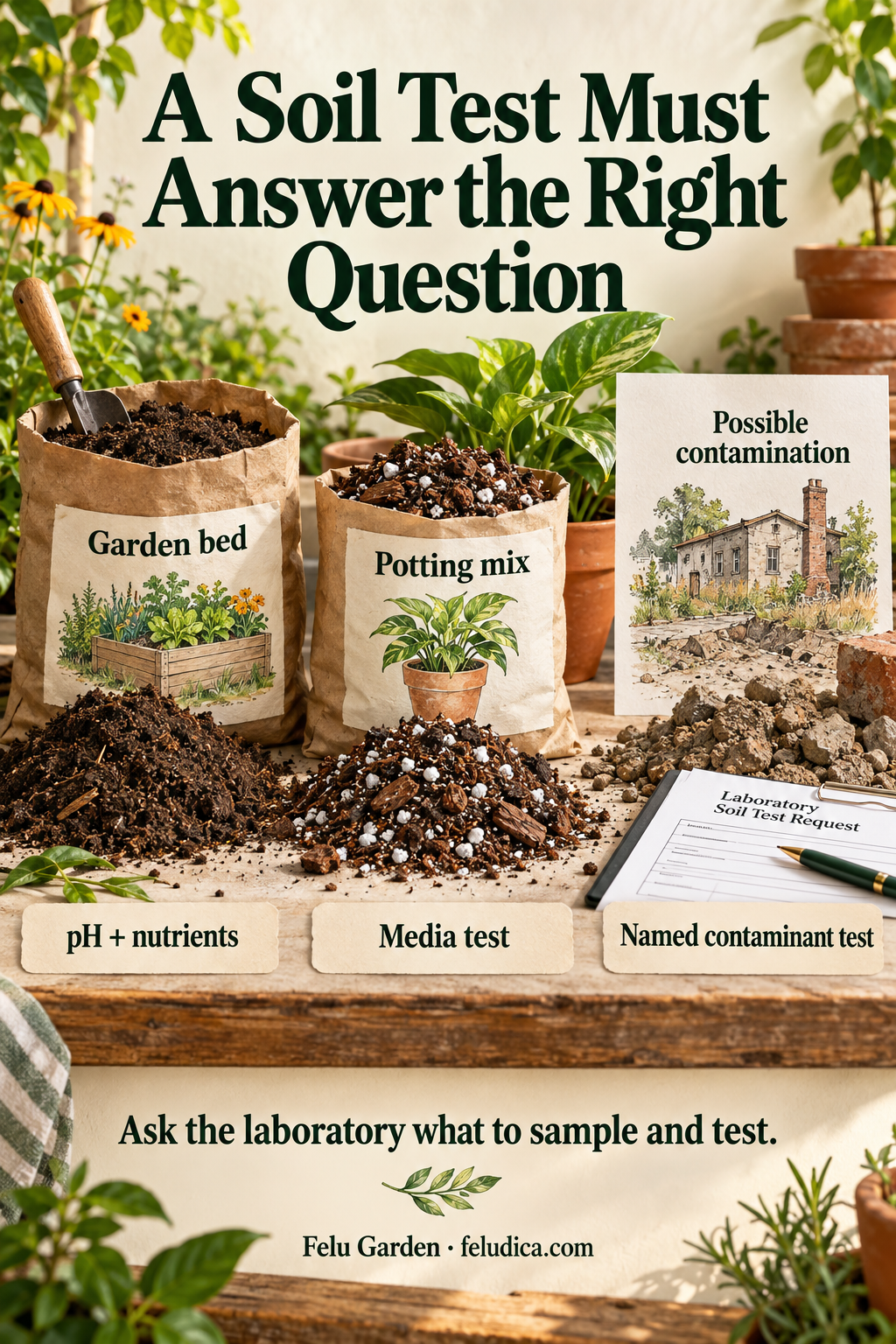Three soil-testing questions compared: garden-bed pH and nutrients, potting-media testing and a named contaminant test.