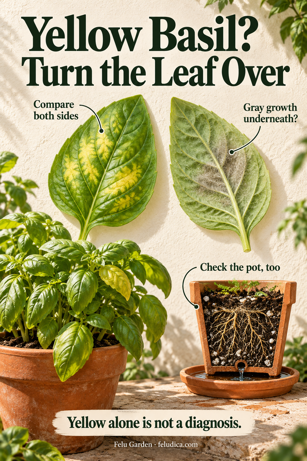 Botanical close-ups of the top and underside of a yellowing basil leaf beside a basil pot and root-zone checklist.