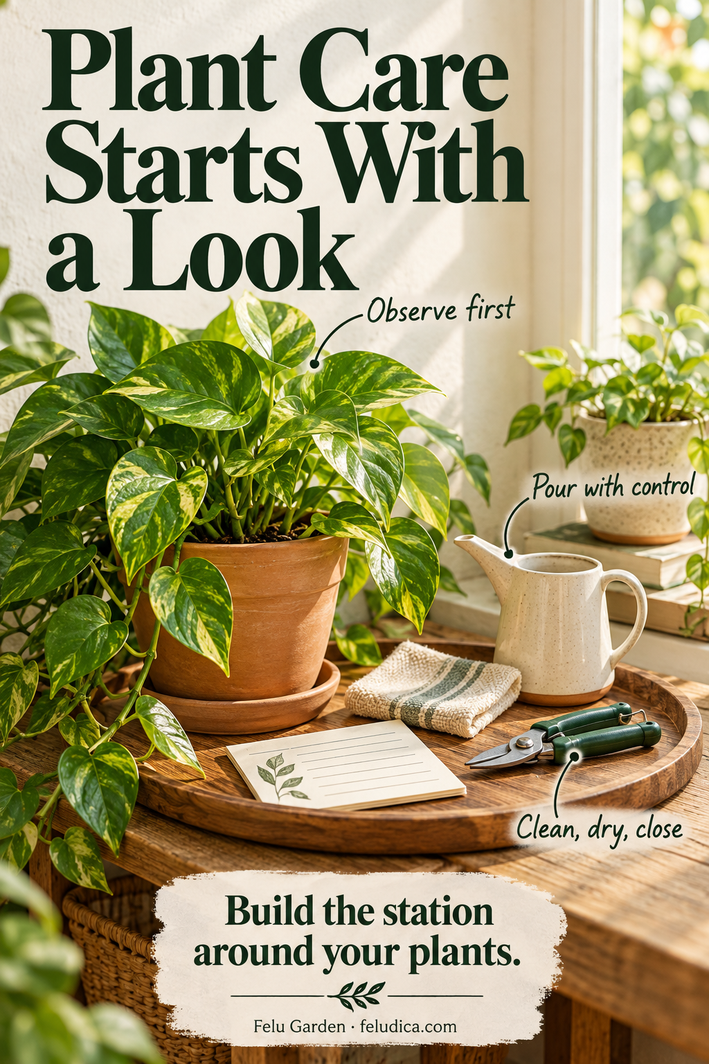 A compact indoor plant care station with a pothos, observation note, narrow-spout pitcher, folded cloth and closed snips.