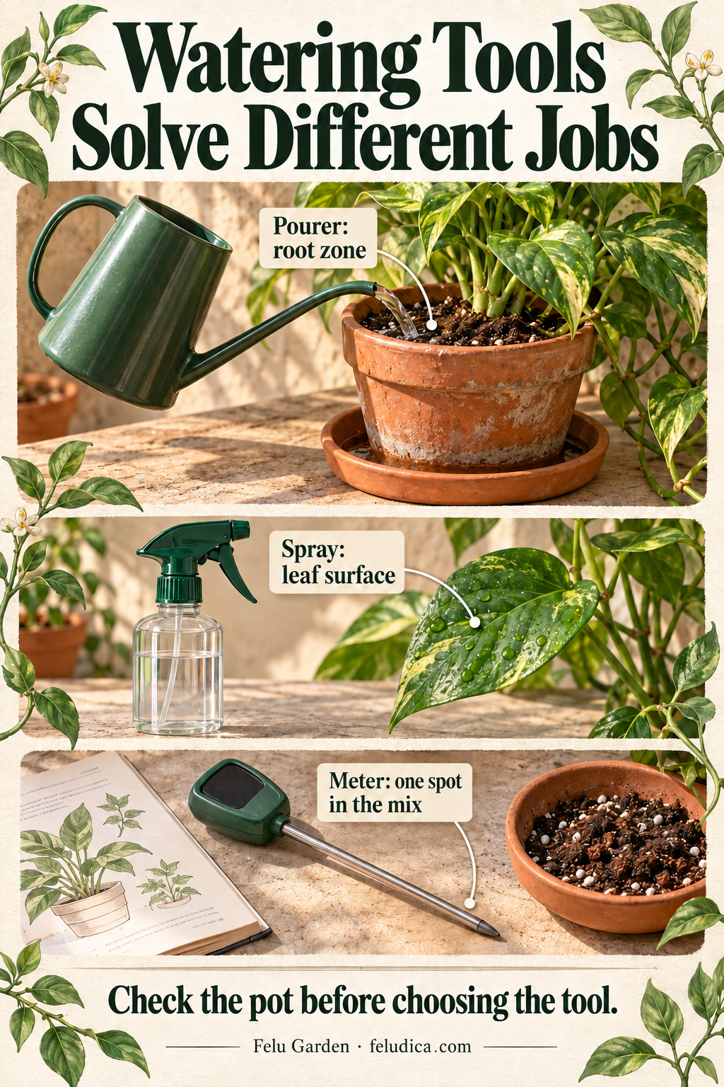 A task comparison showing a narrow-spout pourer at a pot, a spray bottle beside a leaf and a moisture probe with its manual.