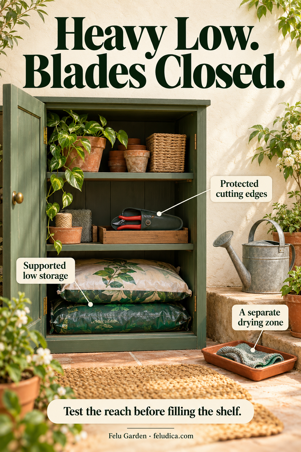 A tidy small garden cupboard with heavy mix stored low, closed protected pruners, a drying tray and a clear access route.
