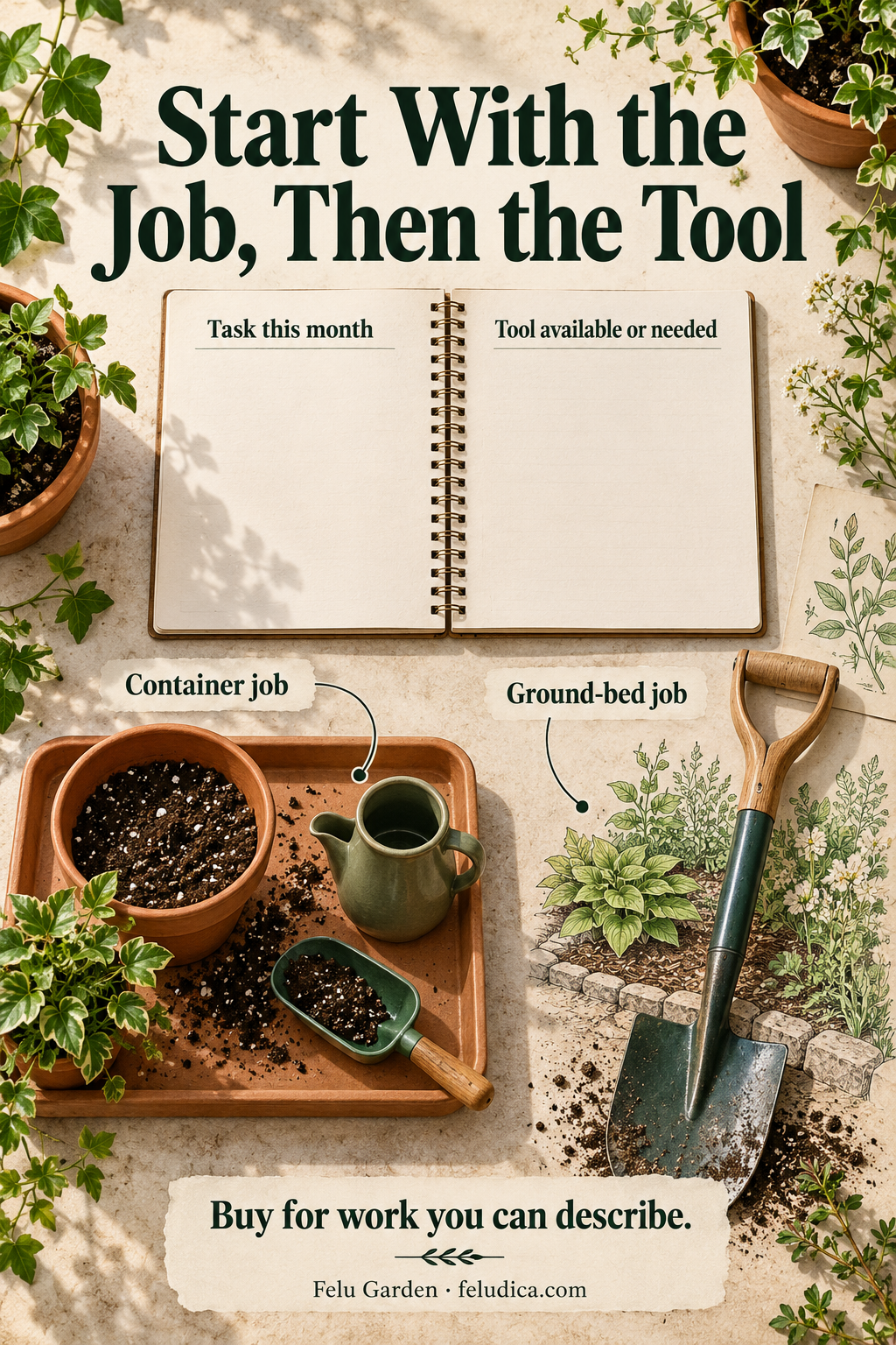 A task-and-tool note beside a container repotting tray and a separate ground-bed spade, comparing two different gardening jobs.