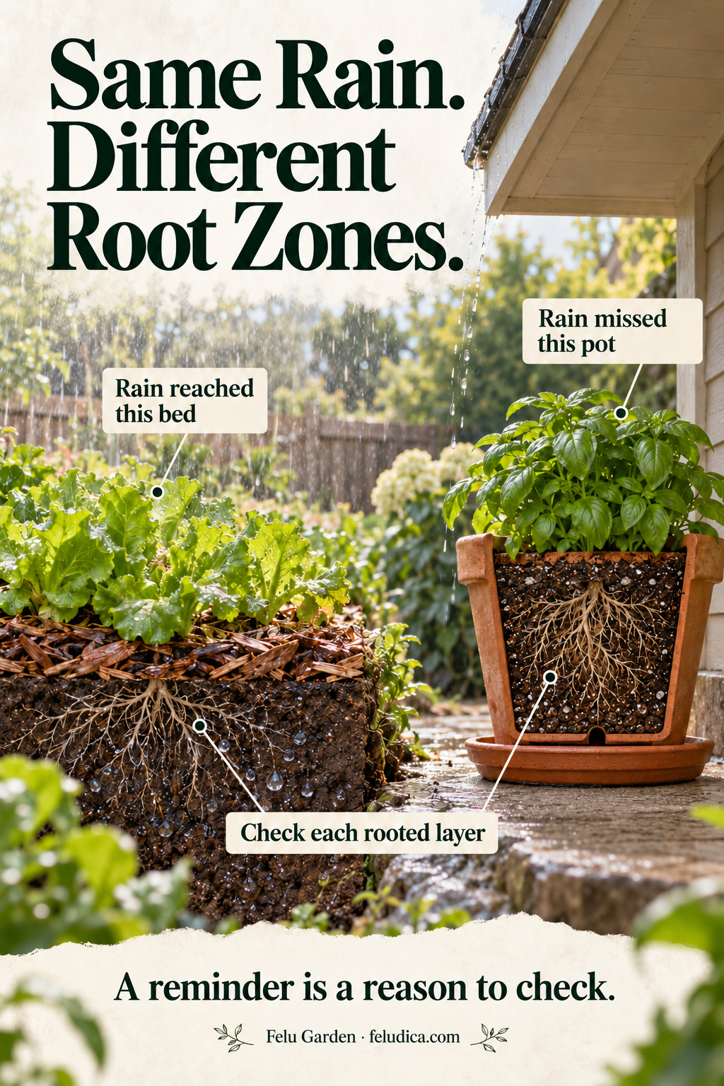 A split garden scene compares rain reaching a ground bed with a container sheltered beneath an overhang, with root-zone cutaways.