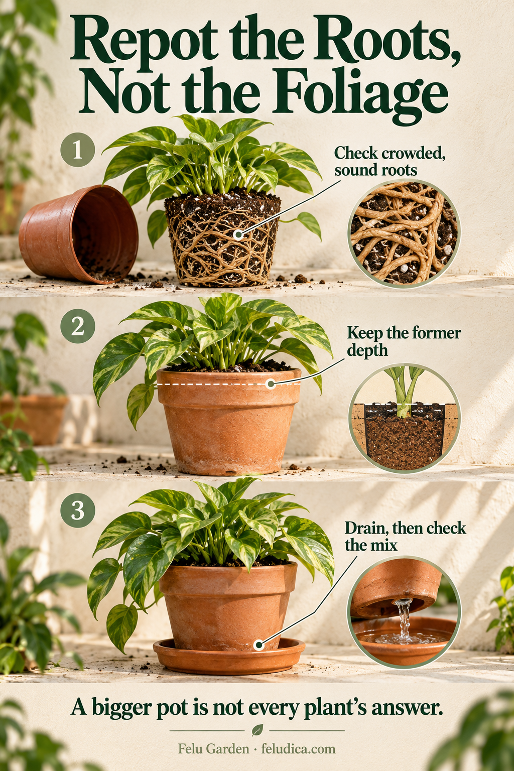 Three botanical repotting stages show a crowded sound root ball, a suitable new pot at the same growing depth and drainage into a saucer.